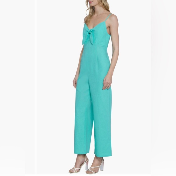 DONNA MORGAN For Maggy Tie Front Linen Blend electric green blue Jumpsuit/size 8 - Picture 4 of 4